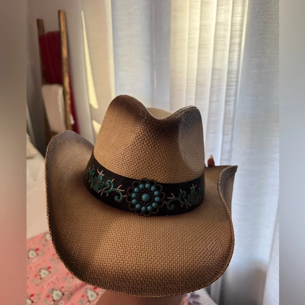 Milani Tan Cowboy Hat with Turquoise Accents - Picture 9 of 9